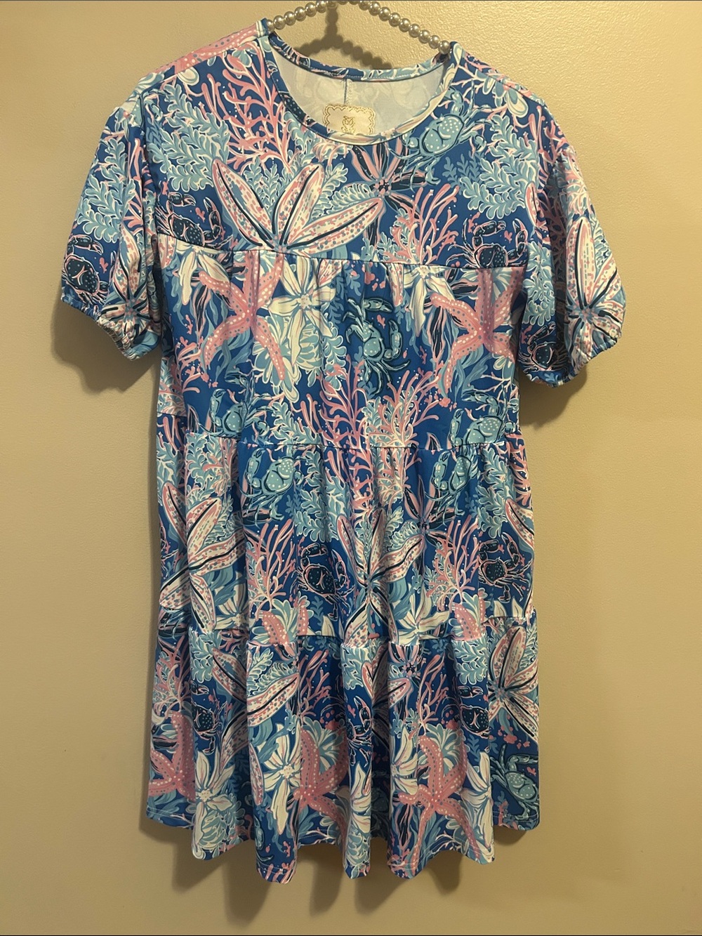 Simply Southern Dress Youth Medium YM Blue Pink Ocean Sea Turtle Tiered UPF 50+